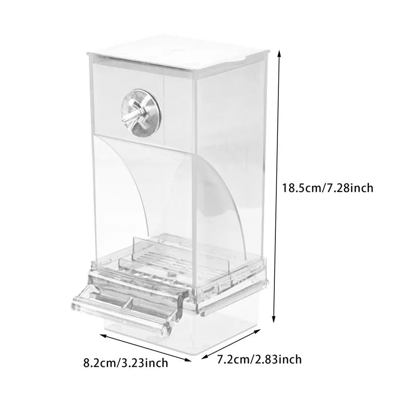 Clear plastic dry food dispenser with a knob and dispensing tray, featuring height and width dimension labels.