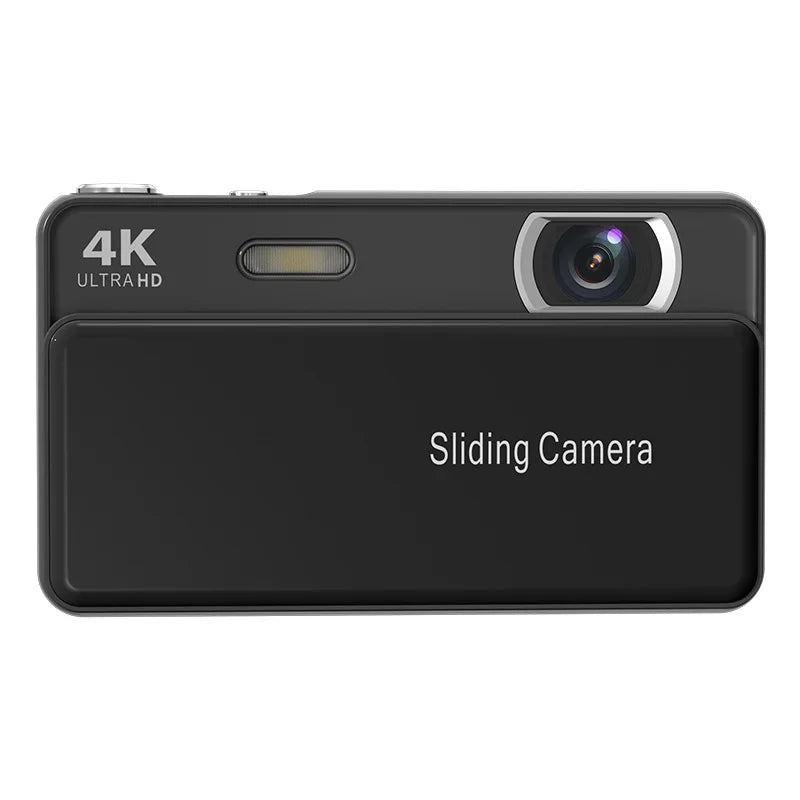 Black digital camera with a protective sliding cover, featuring 4K Ultra HD resolution and an integrated flash.