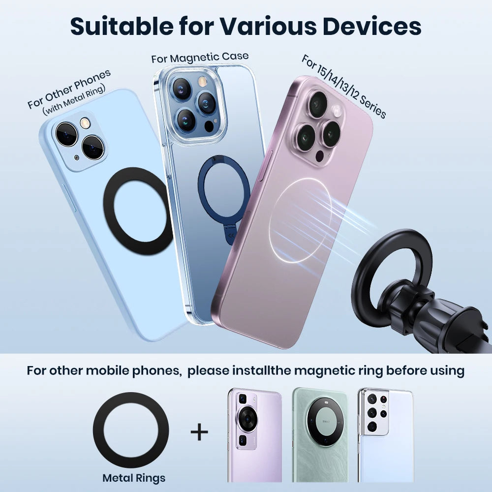 Magnetic phone accessory kit with metal rings for compatibility with various smartphones and cases.