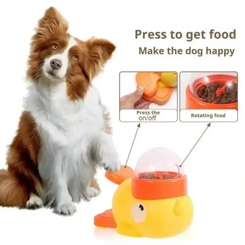 A brown and white dog next to an orange and yellow interactive treat-dispensing ball toy with a press-button feeder.
