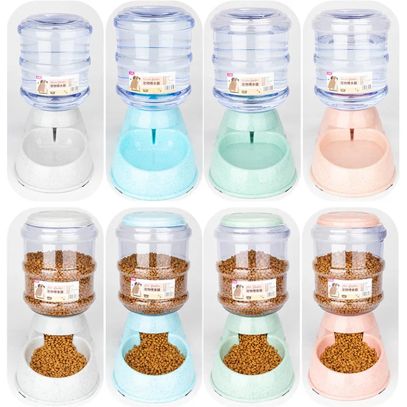 Eight automatic pet water and food dispensers in pastel colours with speckled bases and clear gravity-fed tanks.