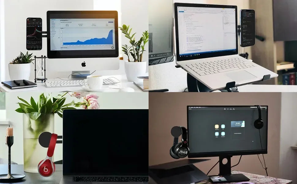 Black adhesive magnetic side mount for monitors to hold smartphones or headphones, shown in four office desk setups.