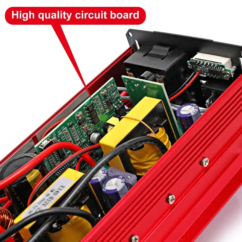 Red car power inverter with its internal high-quality circuit board, capacitors, and transformer exposed.