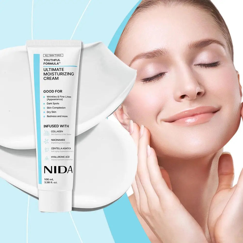 White tube of moisturizing cream with blue accents, shown with smooth cream texture and a woman touching her face.
