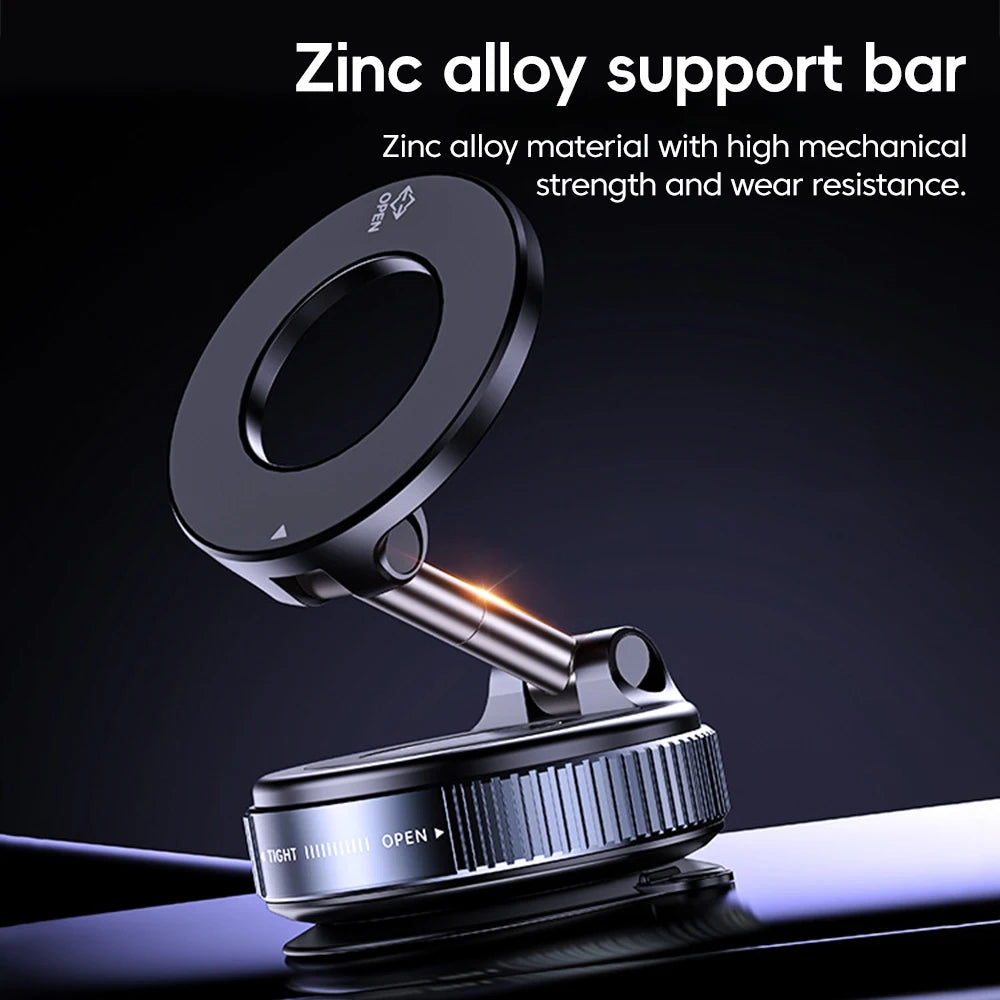 Black zinc alloy car phone mount with a rotating ring holder and adjustable folding support arm.