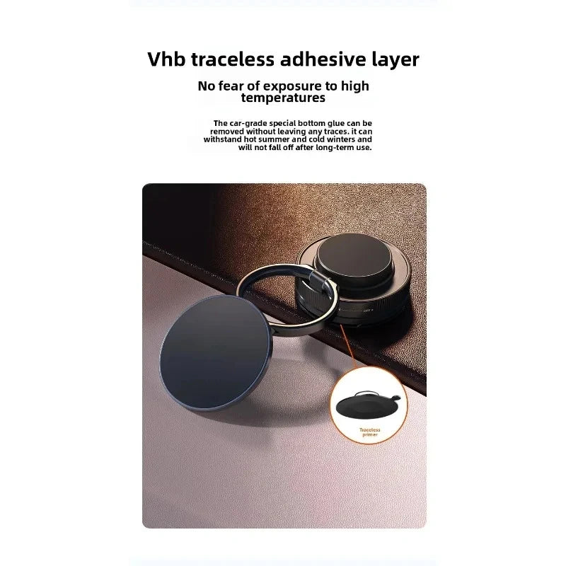 Black magnetic phone ring holder with heat-resistant, residue-free adhesive base for secure car dashboard mounting.