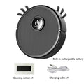 Black robotic vacuum with power button, cleaning cotton pad, and USB charging cable.
