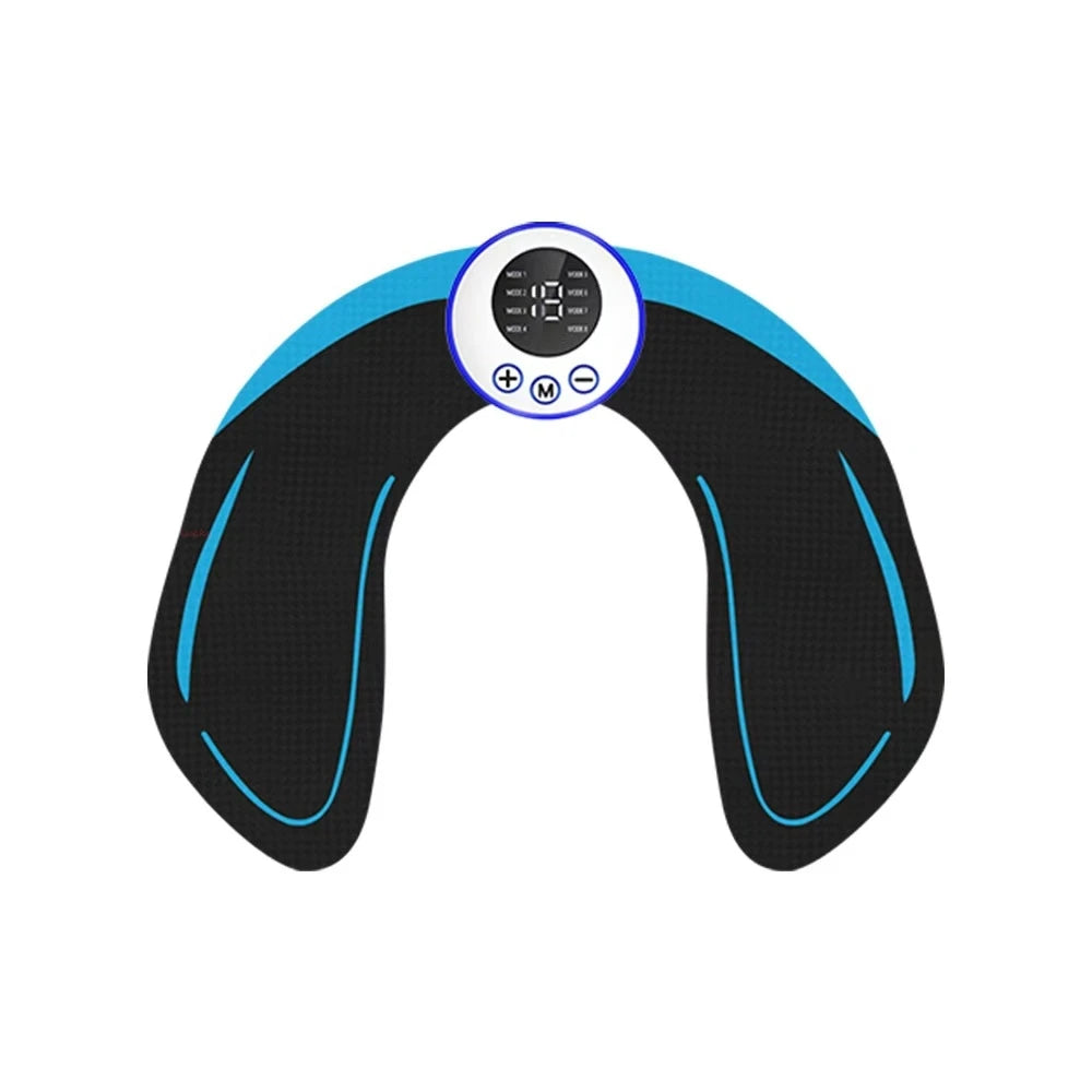 Blue and black U-shaped wireless EMS muscle stimulator with a central control unit and digital display.
