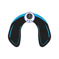 Blue and black U-shaped wireless EMS muscle stimulator with a central control unit and digital display.