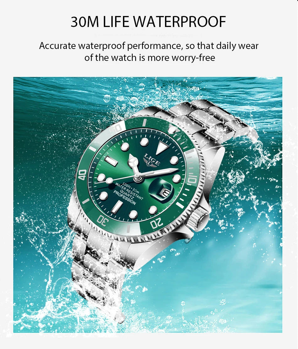 Men's stainless steel quartz watch with a green dial and bezel, displayed underwater to show 30m water resistance.