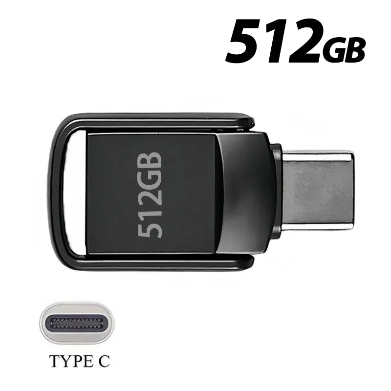 Compact black metal USB Type-C flash drive with a swivel protective loop and 512GB capacity label.