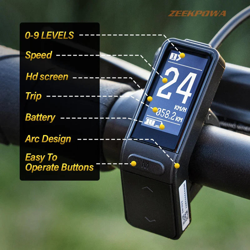 Black rectangular electric bike SW102 LCD display mounted on handlebars, showing speed, trip, and battery data.