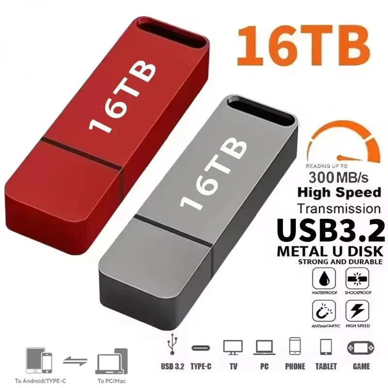 Red and grey 16TB USB 3.2 metal flash drives. Durable, high-speed, waterproof and shockproof design.