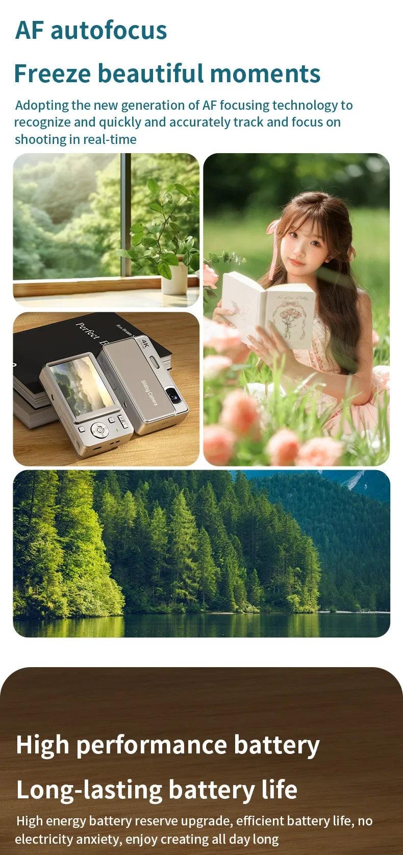 Compact silver digital camera with 4K resolution, featuring a screen and lens, designed for high-performance autofocus.