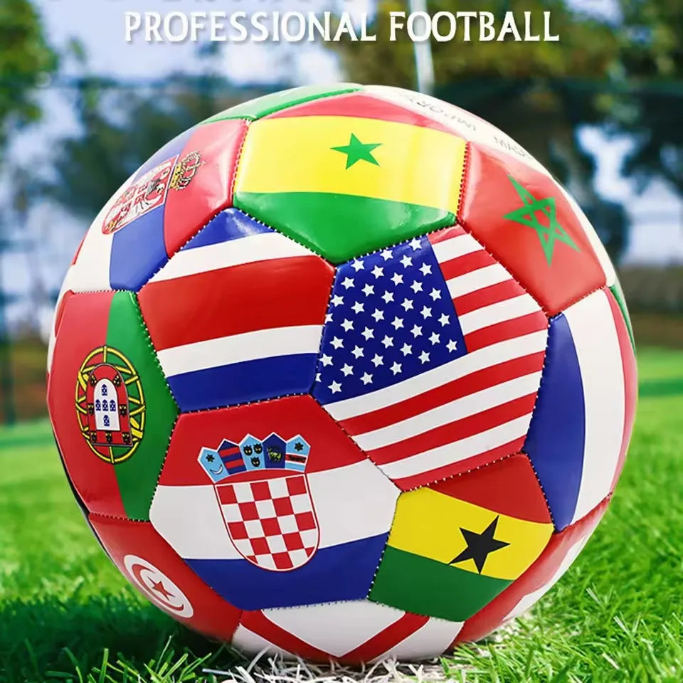 Professional football featuring a multi-coloured, vibrant panel design with various international flags.