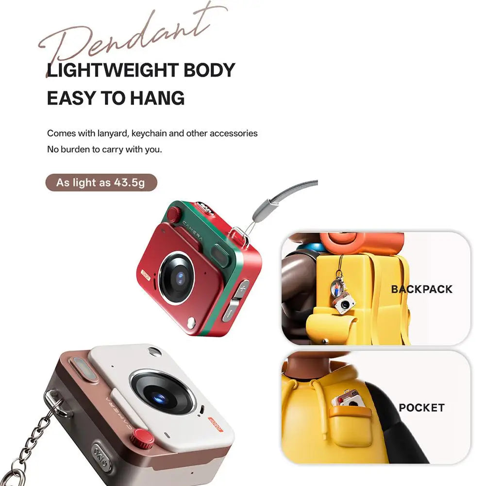Small, lightweight digital cameras in red-green or white-brown plastic, with lanyard and keychain attachment.