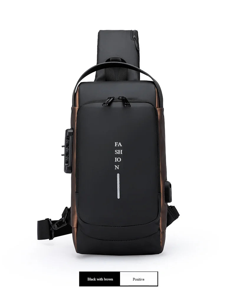 Black and brown anti-theft chest bag with a combination lock, USB charging port, and an adjustable shoulder strap.