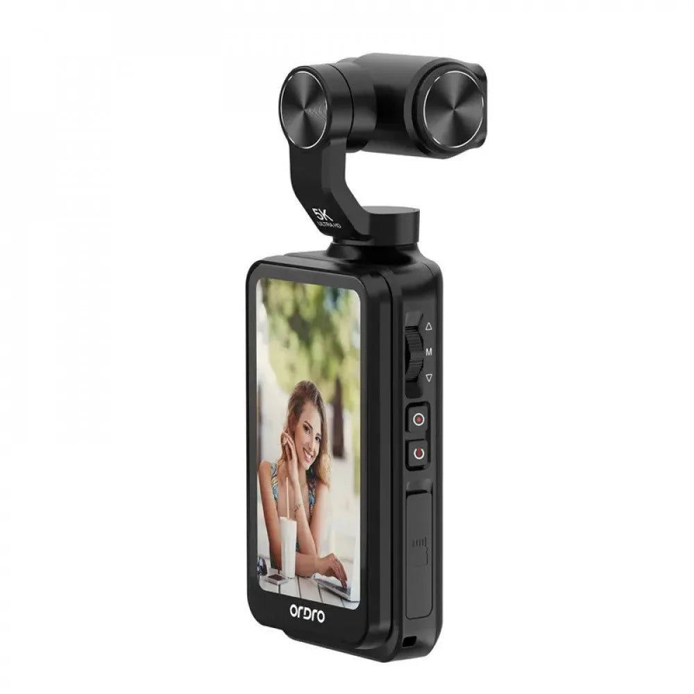 Black handheld 5K camera with a built-in gimbal stabilizer, touch screen, and side control buttons.