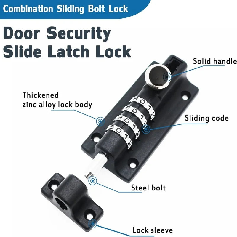 Black zinc alloy combination sliding bolt door lock with a steel bolt, numbered dials, and a solid handle.