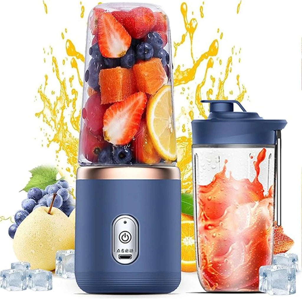 Blue portable blender with clear cup filled with fresh fruits and ice cubes, featuring a sleek, modern design.