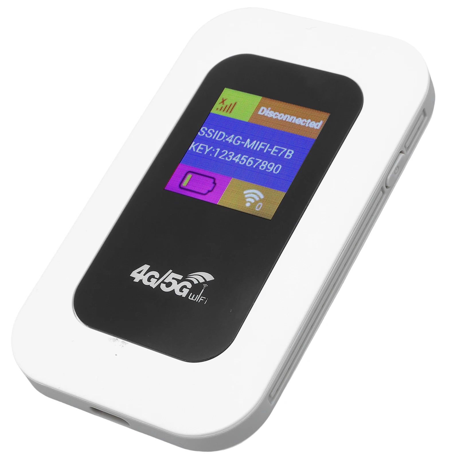 White, portable 4G/5G wireless Wi-Fi hotspot device with a digital screen displaying connectivity status.
