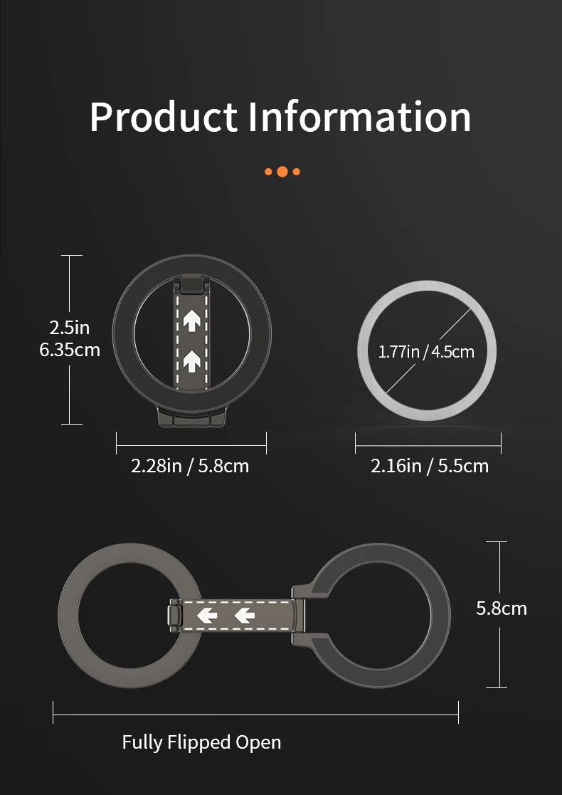 Technical diagram of a black, circular, foldable phone ring holder with dimensions labeled in inches and centimeters.