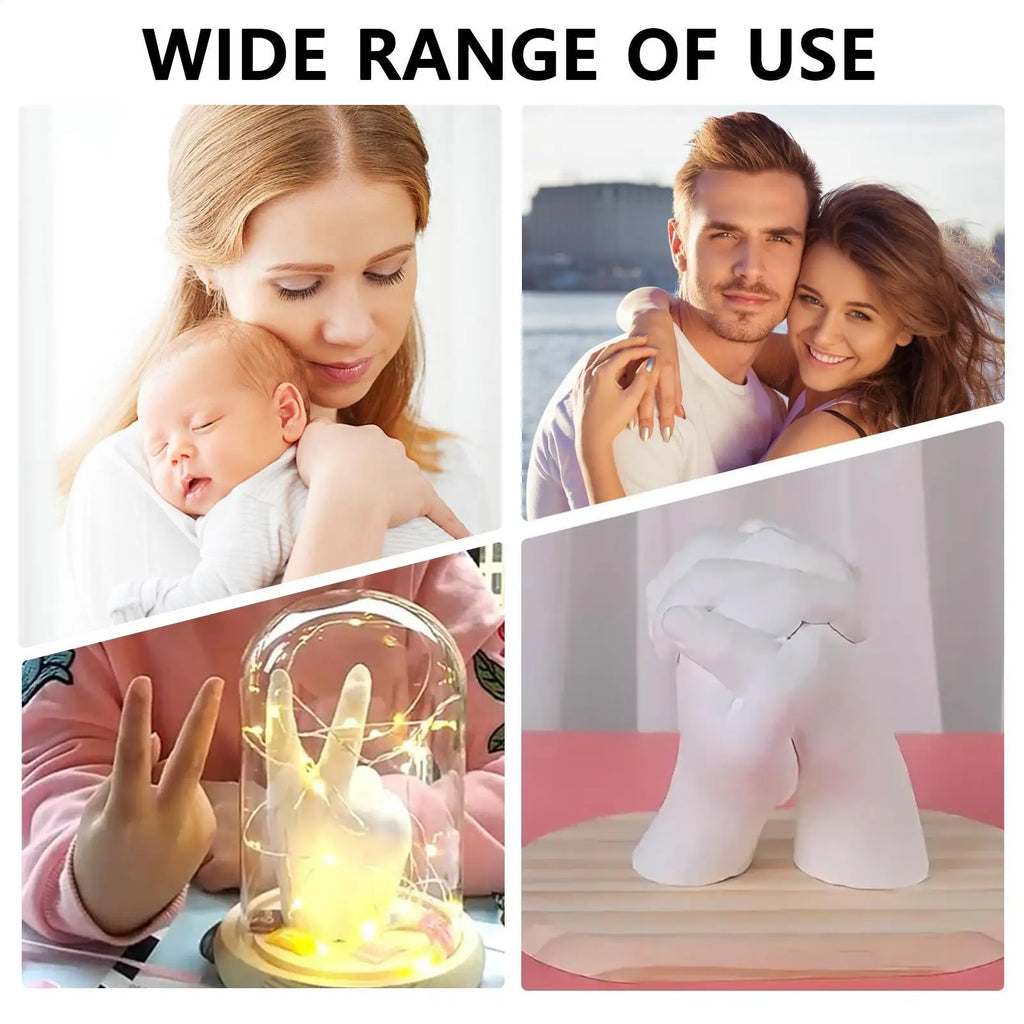A DIY hand-casting kit creating detailed white plaster hand sculptures for keepsakes, displayed with LED glass domes.