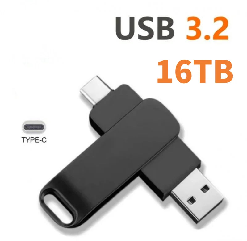 Black 16TB USB 3.2 metal flash drive with dual Type-C and USB-A connectors.