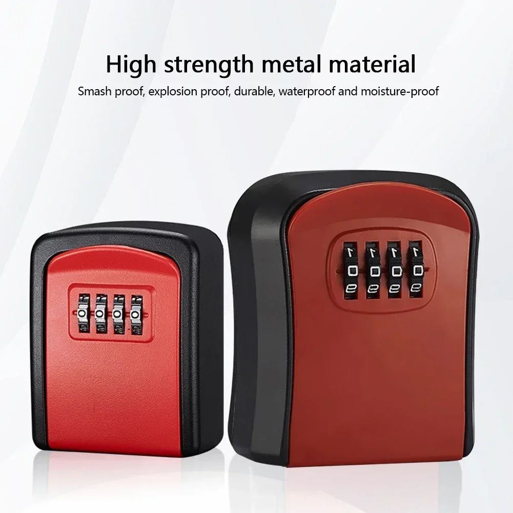 Two red and black metal key lock boxes with four-digit combination dials.