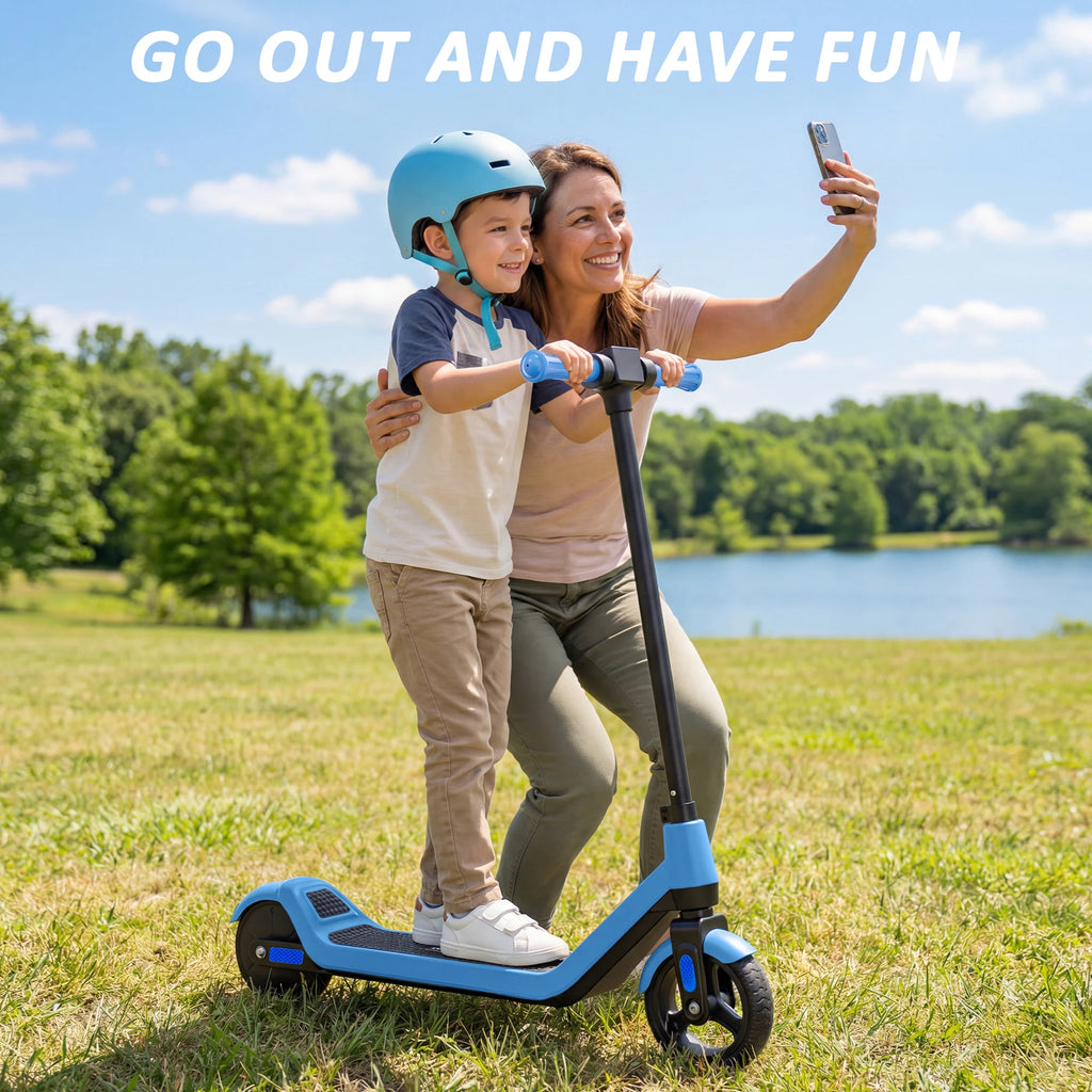 Blue TODIMART kids electric scooter with black stem, LED display, and blue handles, ridden by a smiling child.