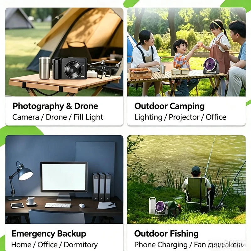 Four images showing outdoor activities: camping, drone photography, office setup, and fishing.