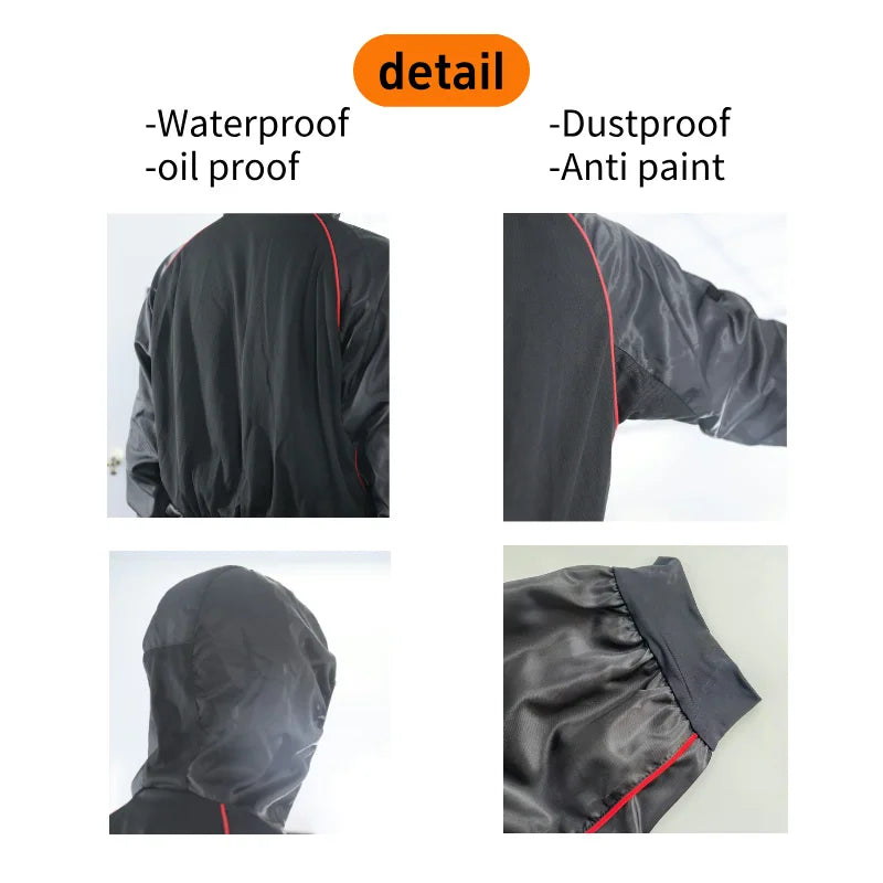 Black protective jacket with hood, waterproof and oil-proof synthetic fabric, featuring red piping and cuffs.