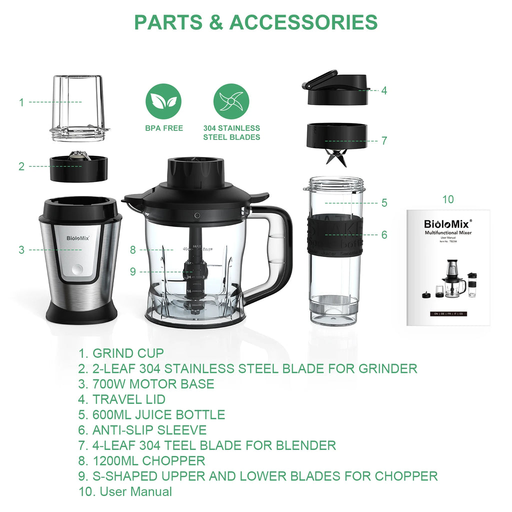Parts and components of a stainless steel and black multifunctional blender, chopper, and smoothie maker set.