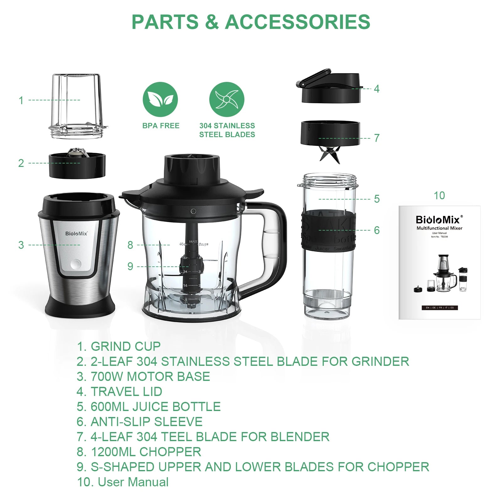 Parts and components of a stainless steel and black multifunctional blender, chopper, and smoothie maker set.