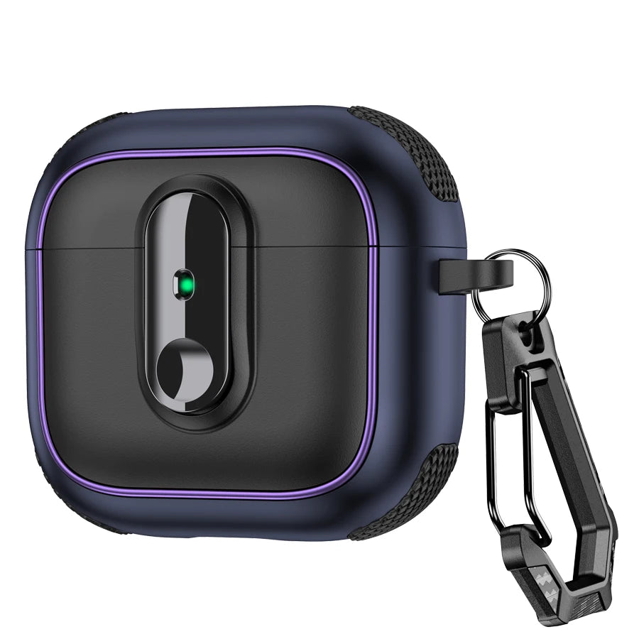 Rugged navy and black AirPods case with purple accents and a metal carabiner clip.