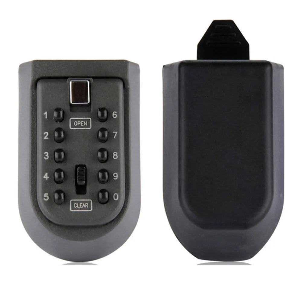 Grey metal wall-mounted key lock box with a push-button numeric keypad and a protective black plastic cover.