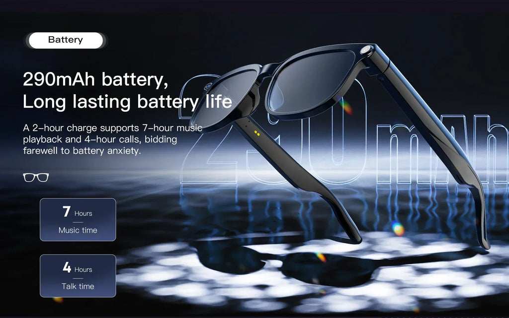 Sleek black smart glasses featuring a built-in camera, Bluetooth connectivity and long-lasting 290mAh battery.