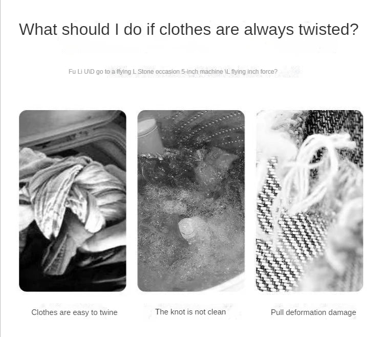 Three monochrome photos showing laundry twisted in a washing machine, poor cleaning, and fabric damage.