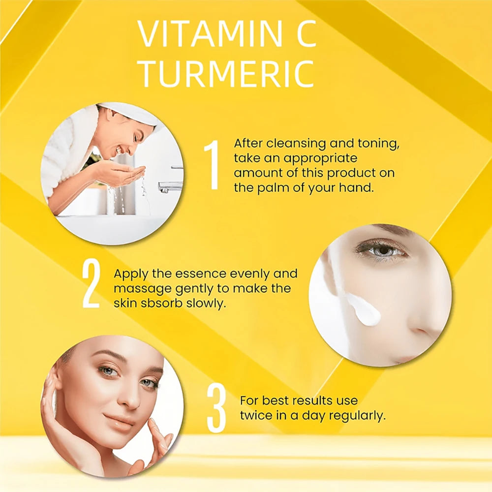 Vitamin C Turmeric essence usage guide: three-step illustrated process on a yellow background for skincare application.