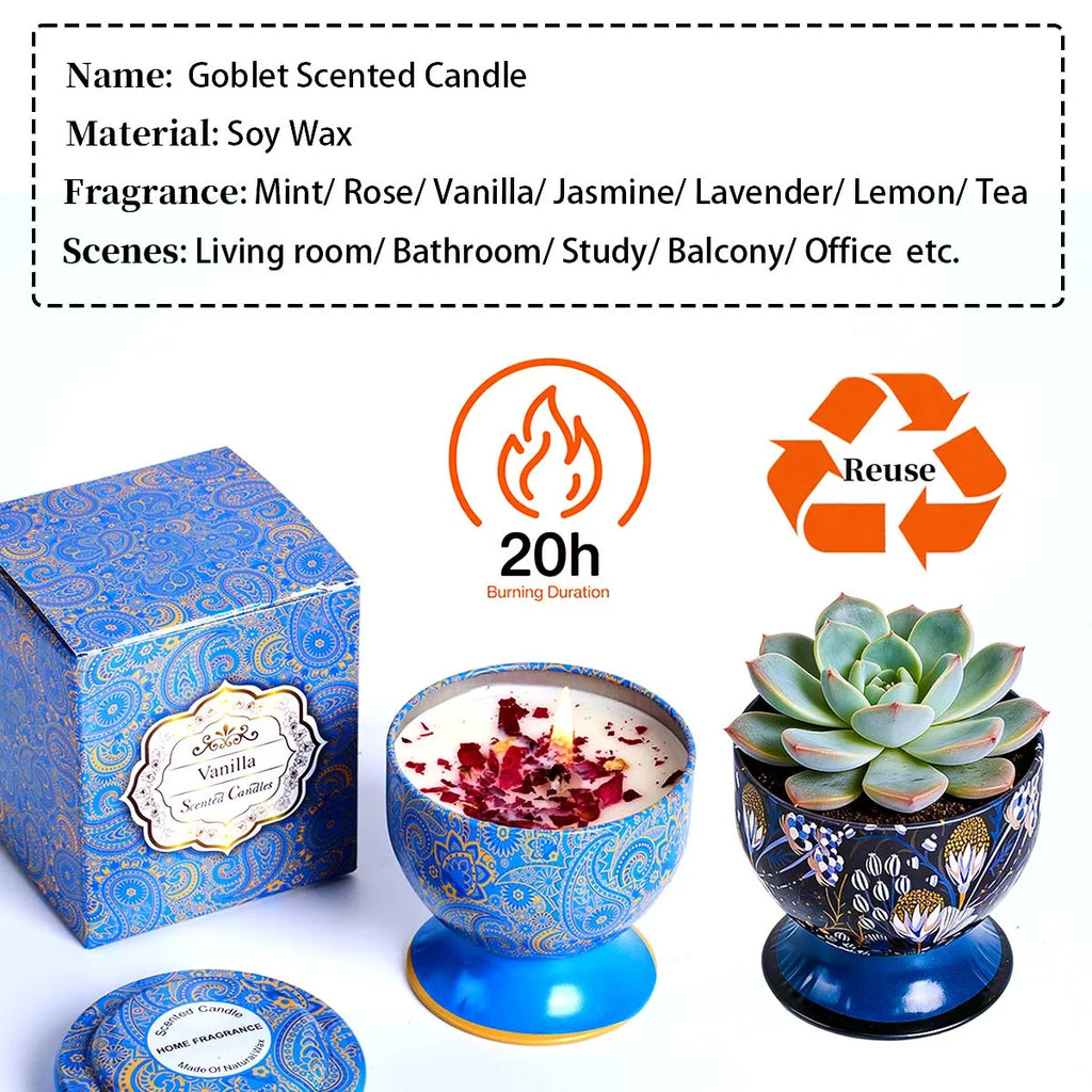 Decorative soy wax candle in a blue patterned goblet-style tin, featuring floral accents and 20-hour burn time.