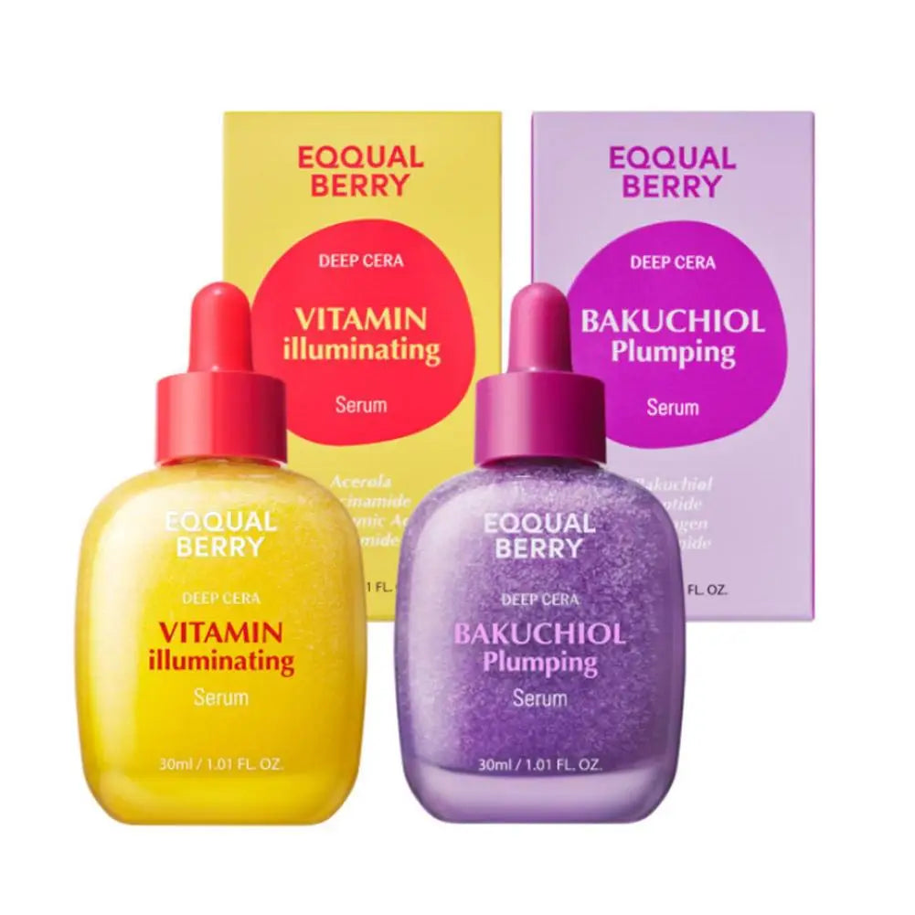 Two 30ml face serum bottles: one yellow Vitamin illuminating serum and one purple Bakuchiol plumping serum with boxes.