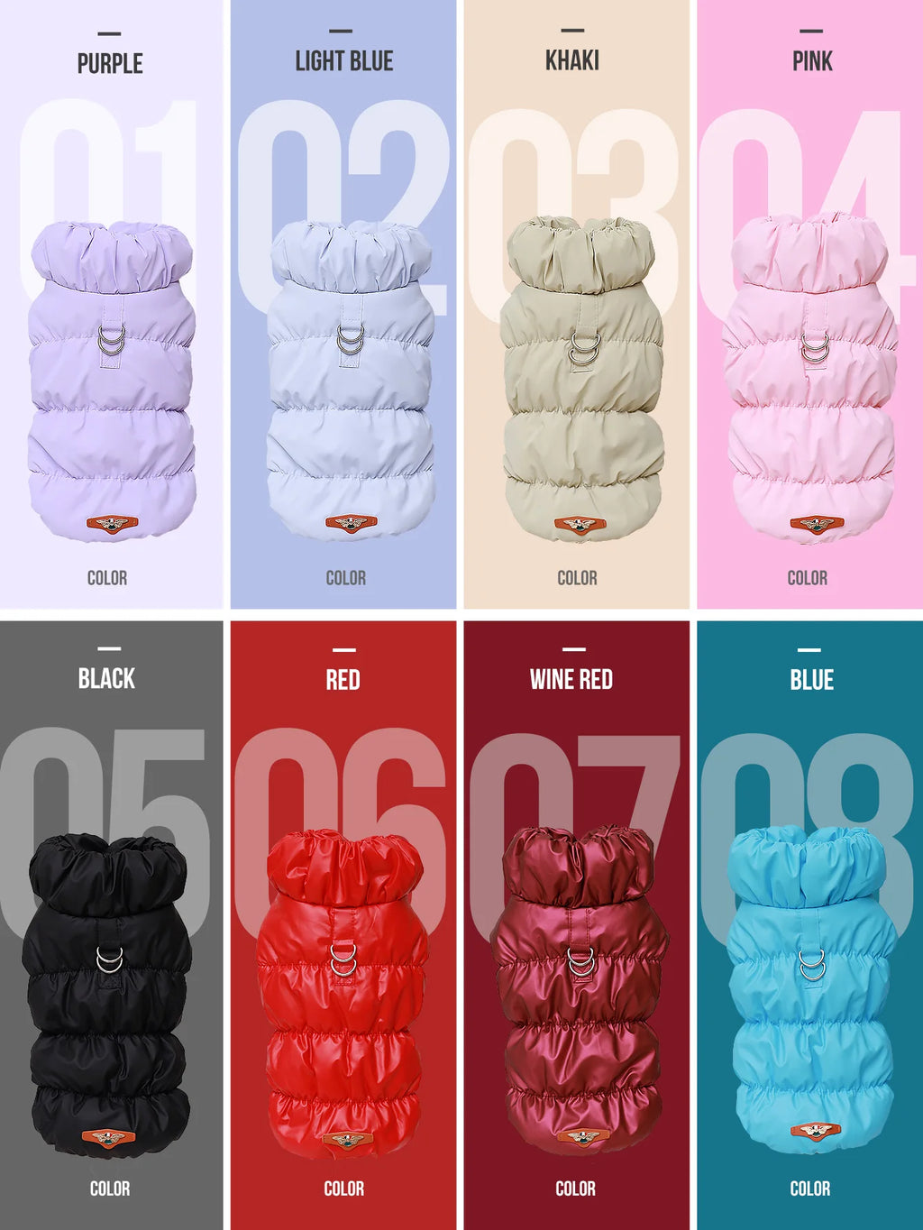 Eight warm 3-layer winter dog jackets in assorted colours, featuring a quilted design, high collar, and D-ring leash tab.
