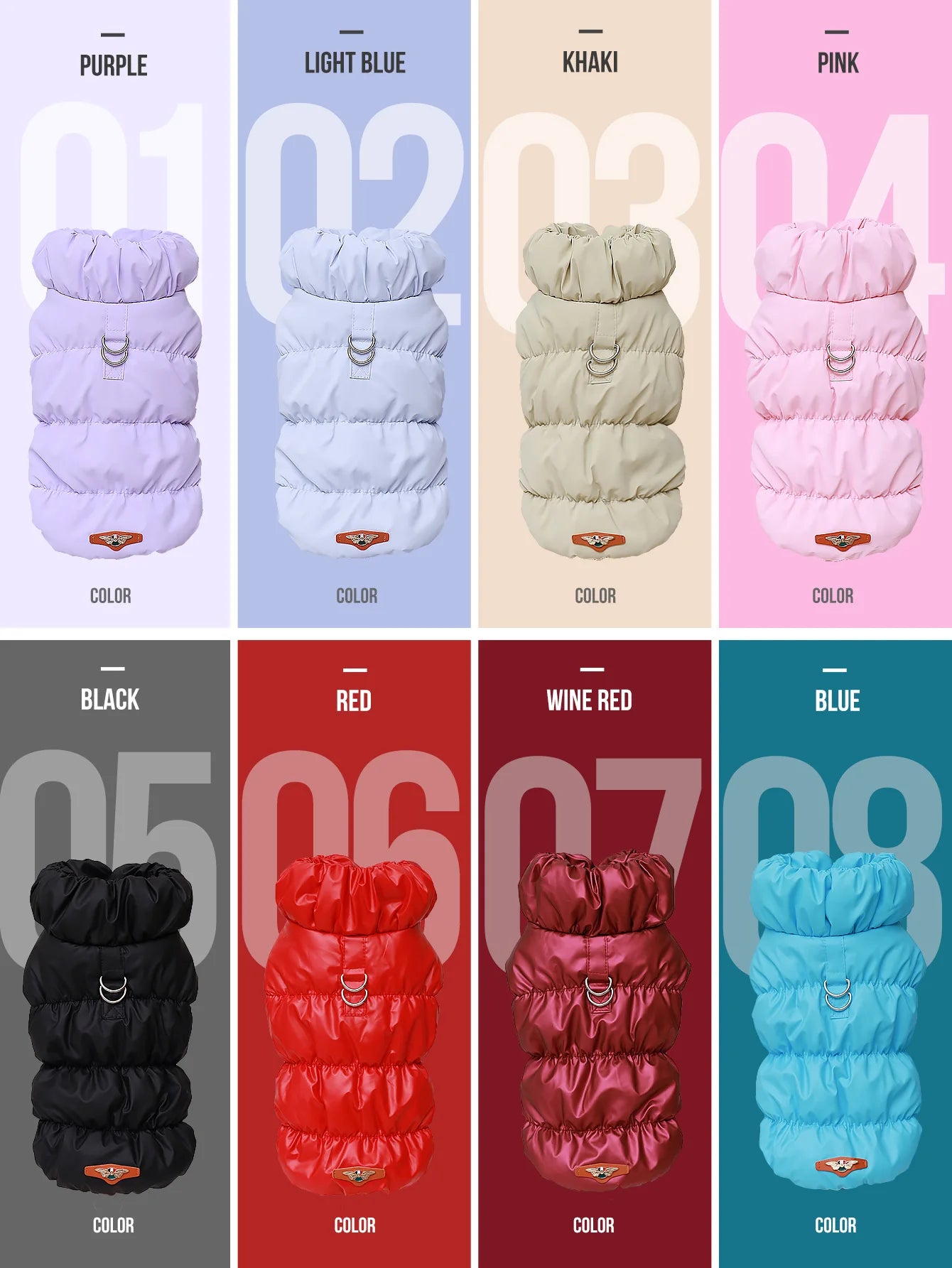 Eight warm 3-layer winter dog jackets in assorted colours, featuring a quilted design, high collar, and D-ring leash tab.