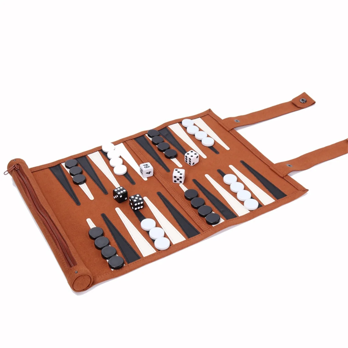 Brown portable roll-up backgammon set with black and white game pieces and dice.