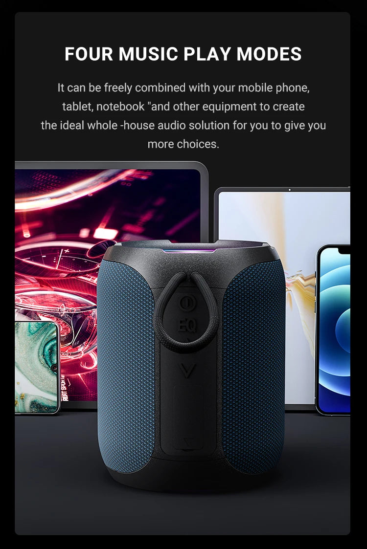 A portable, blue-mesh 40W Bluetooth speaker with an EQ button, shown alongside a tablet and smartphone.