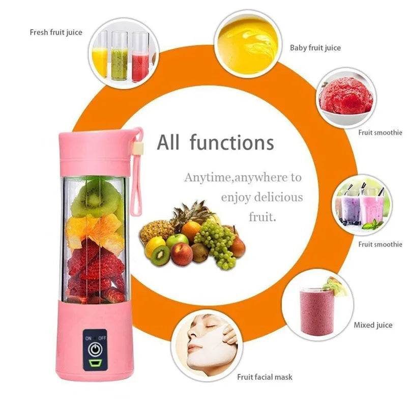 Pink portable blender filled with fruit, showing circular examples of drinks, smoothies, and a facial mask.