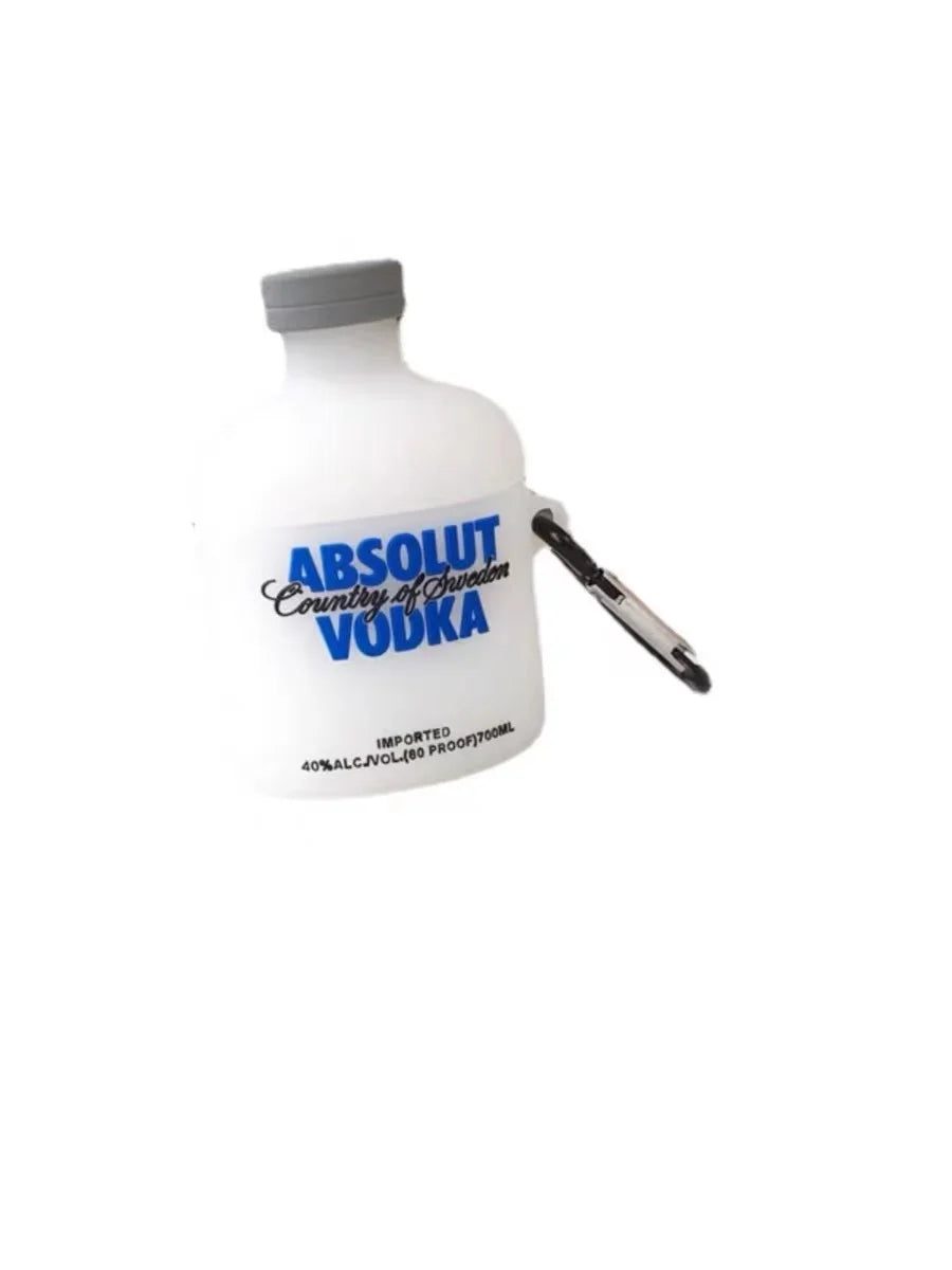 White silicone AirPods case shaped like an Absolut Vodka bottle with a grey cap and black carabiner attachment.