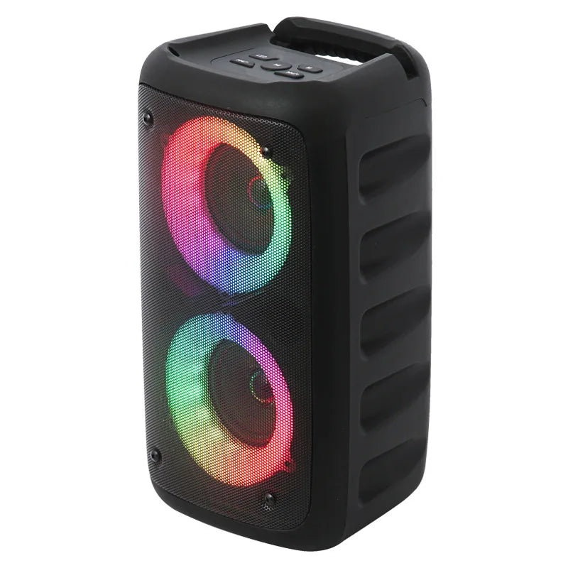 Portable black karaoke speaker with a carry handle, mesh front, and circular multi-coloured LED light rings.