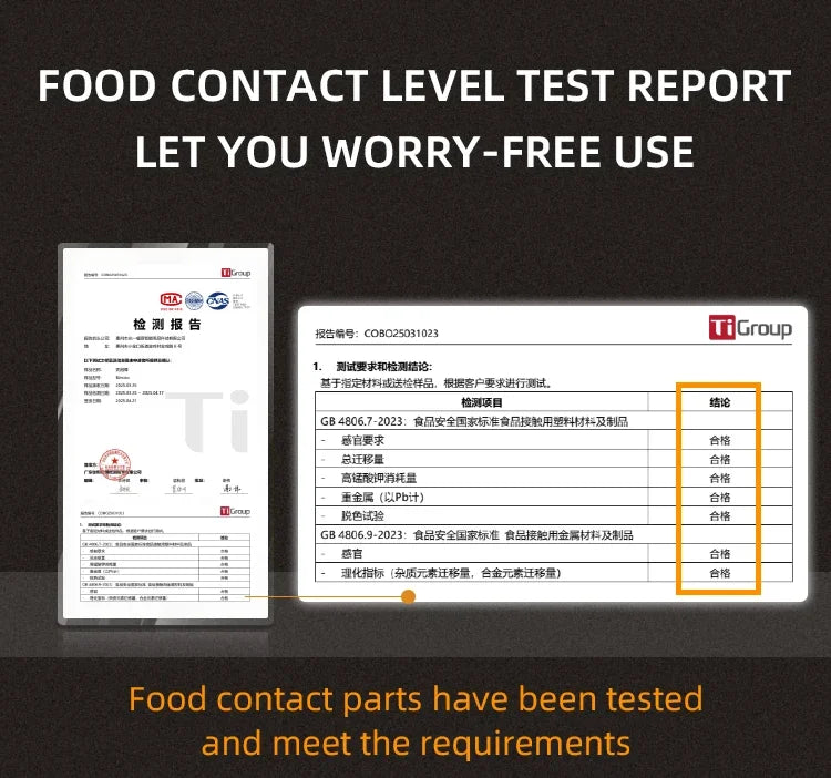 Food contact safety test report on white document sheets with black text and highlighted "pass" results in a table.