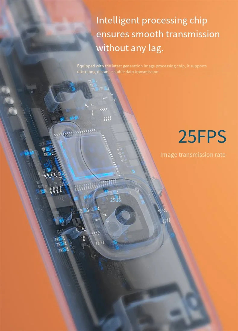 Close-up of a transparent endoscope camera showing the internal circuit board and processing chip on an orange background.